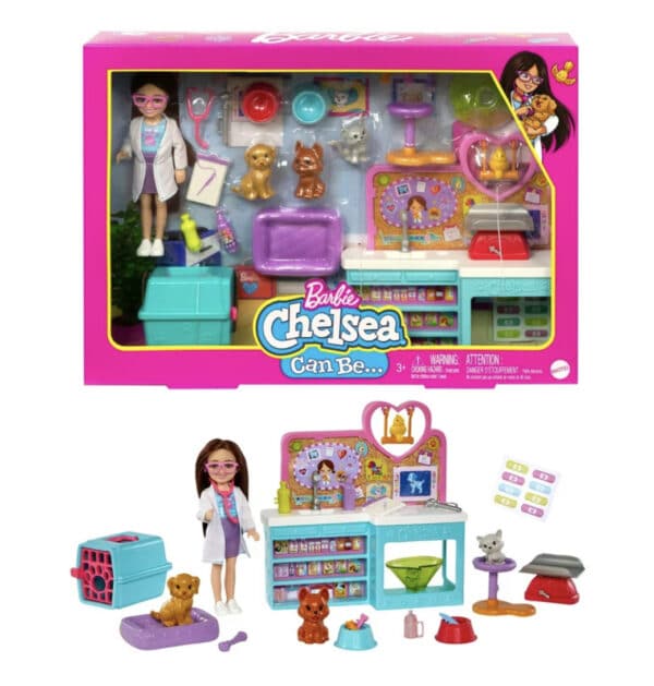 Barbie Doll Chelsea Pet Vet Playset with Doll, 4 Animals and 18 Pieces puerto rico